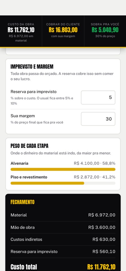 Fechamento com custo total, preço a cobrar e sobra