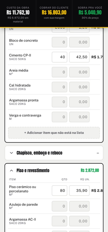 Lista de itens de alvenaria com quantidade e preço unitário